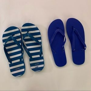 2 Pairs Blue Flip Flops - Solid & Striped - Men's OS